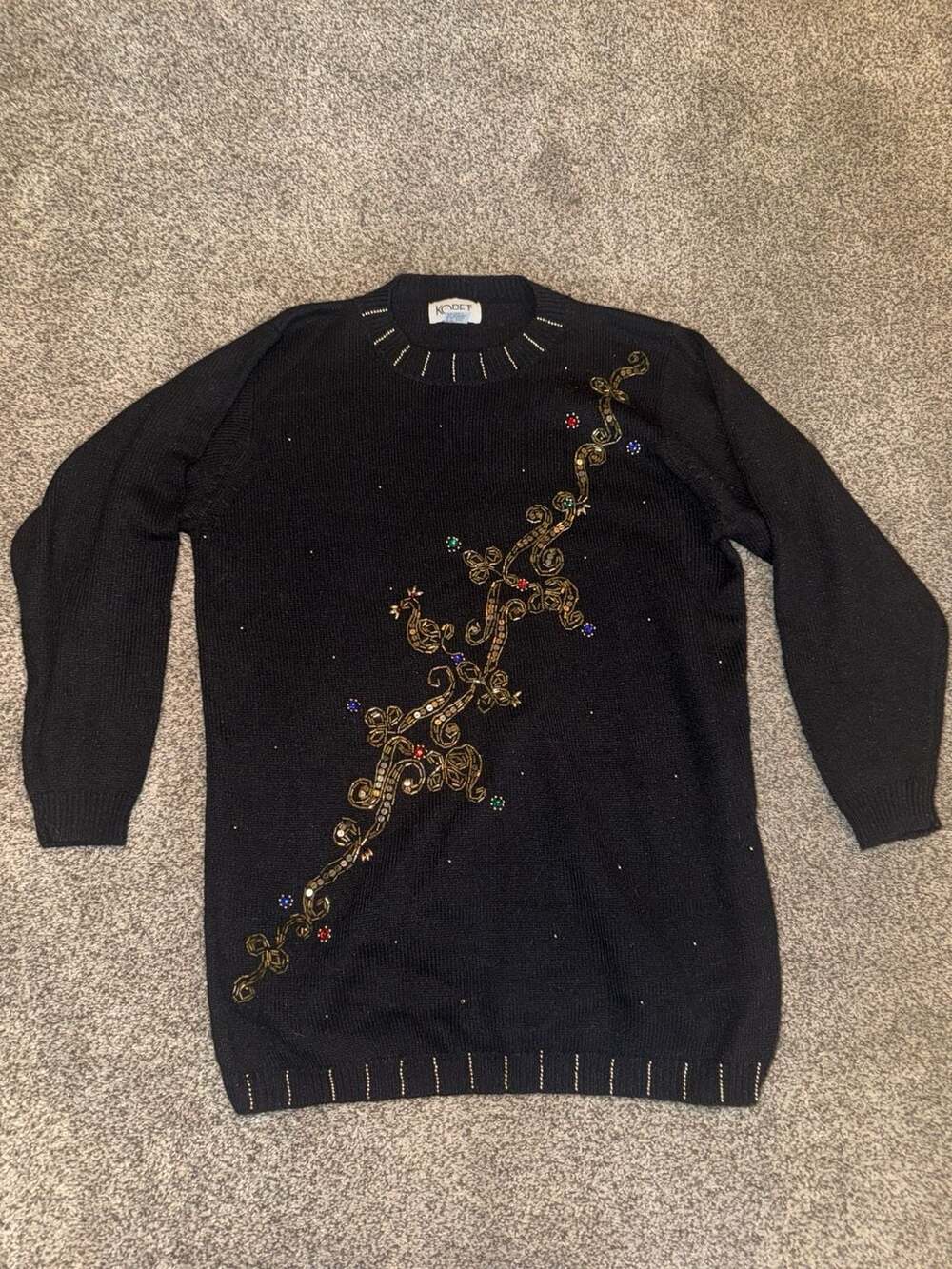 Koret Vintage Black Beaded Sequin Sweater with Gold Embroidery, Size S